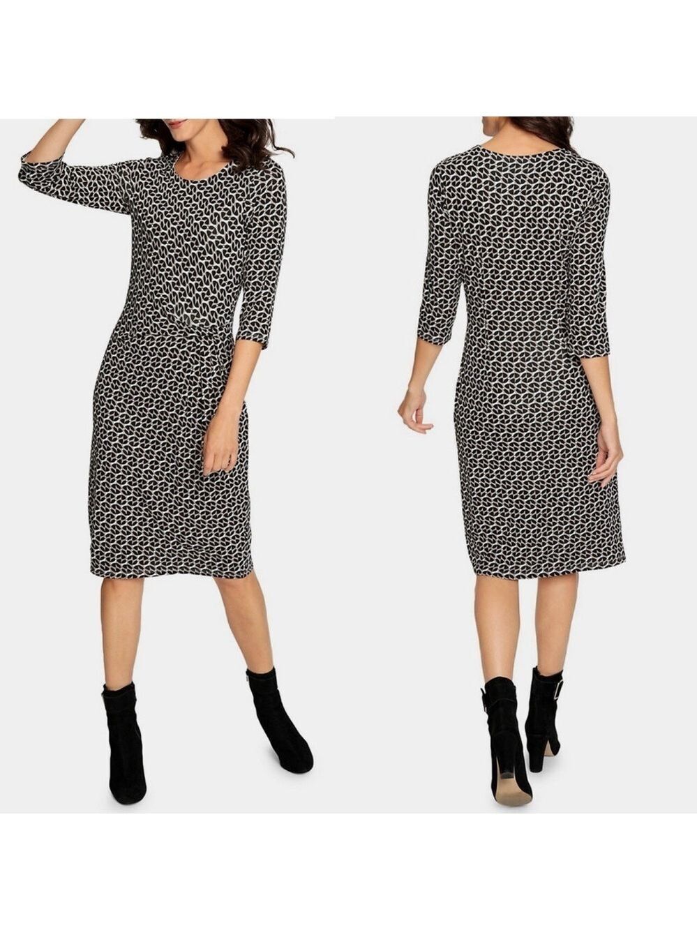 Olsen Geometric Motif Midi Dress Size 8 Stretch Chicore Round Neck /4 Sleeve MWT